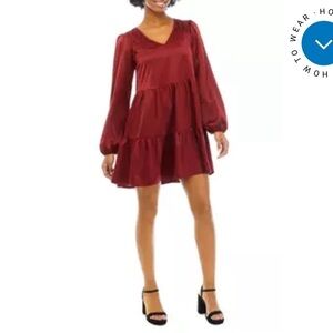 TRUE CRAFT Tiered Long Sleeve Satin Dress, Size S